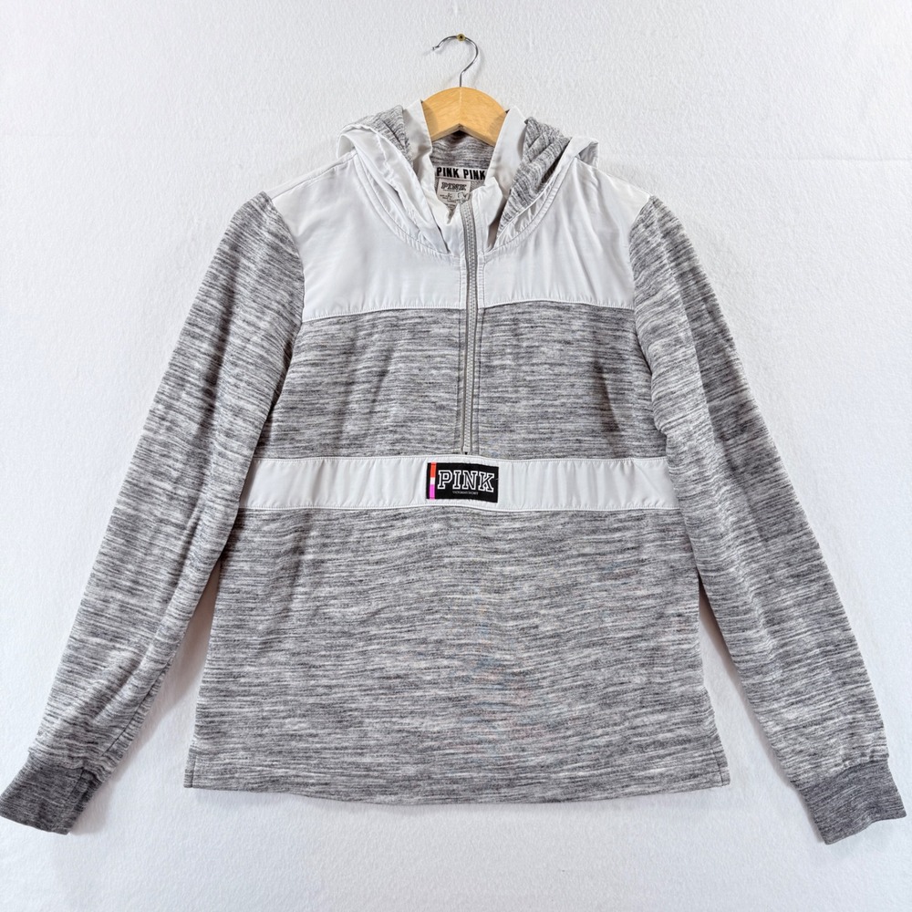 PINK Victoria's Secret Hoodie Womens Small Grey White Quarter Zip Athleisure Y2K